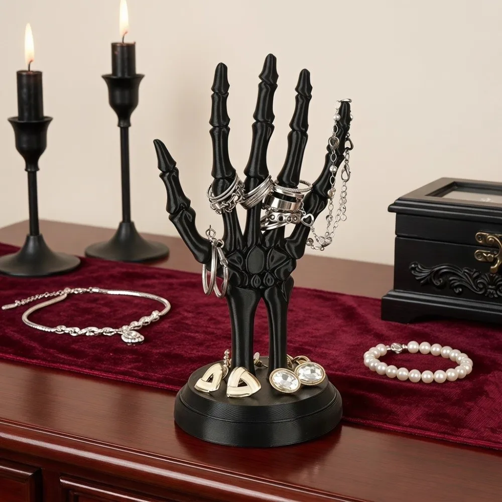 Dark Gothic Style Skull Hand Jewelry Stand Desktop Ornaments with Base Retro Dressing Table Storage Rack Niche Dark Style