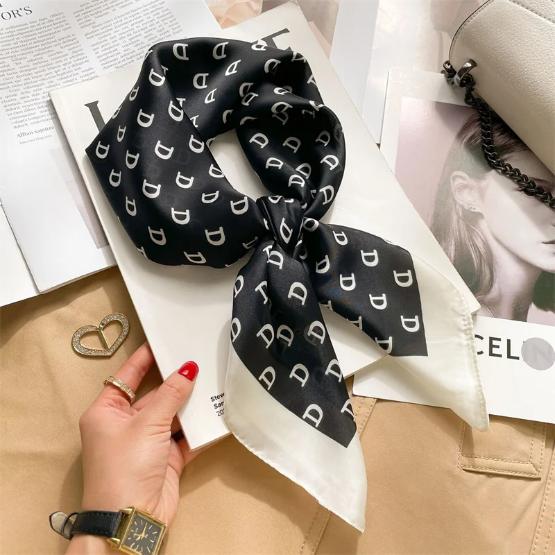 Luxury 2024 Letter Print Square Silk Scarf for Women Hijab Hair Bands 70cm Neckerchief Female Satin Shawl Ribbon Headband