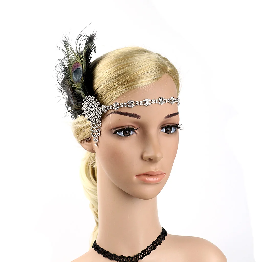 إكسسوارات الشعر حجر الراين الأسود مطرز الترتر رباط شعر 1920s خمر غاتسبي حفلة خوذة المرأة الزعنفة ريشة عقال #3