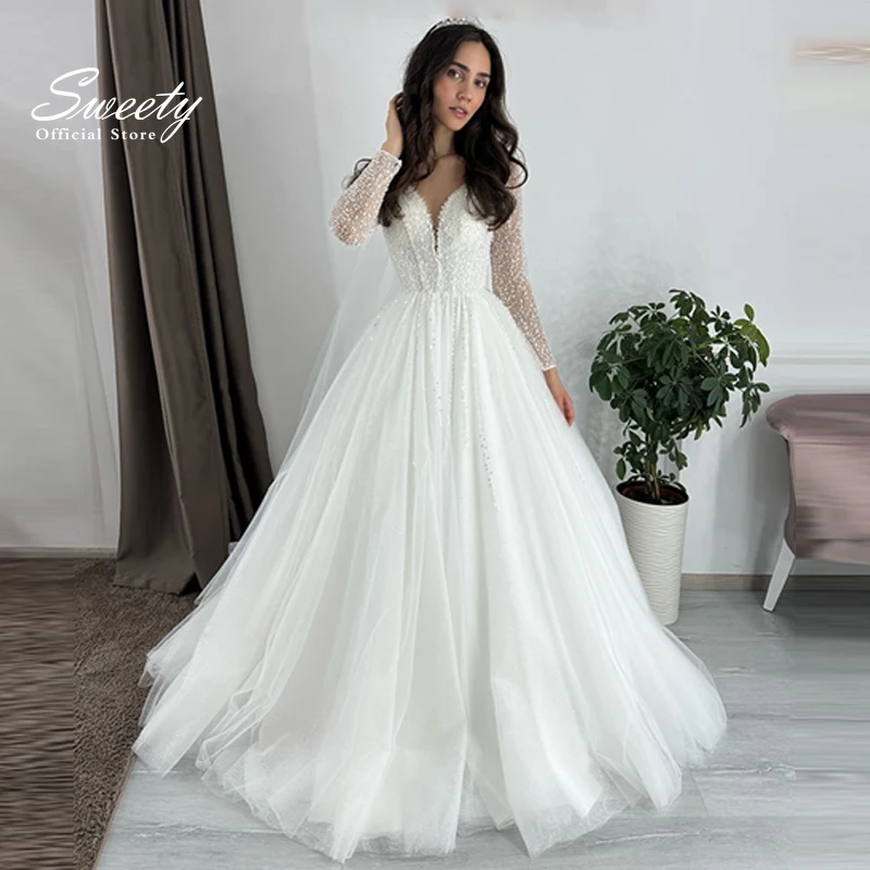 

Luxury A-Line Floor Length Wedding Dress Organza With Beading Ball Gown Corset Full Sleeve O-Neck Bride Dress Lace Up Custom Mad