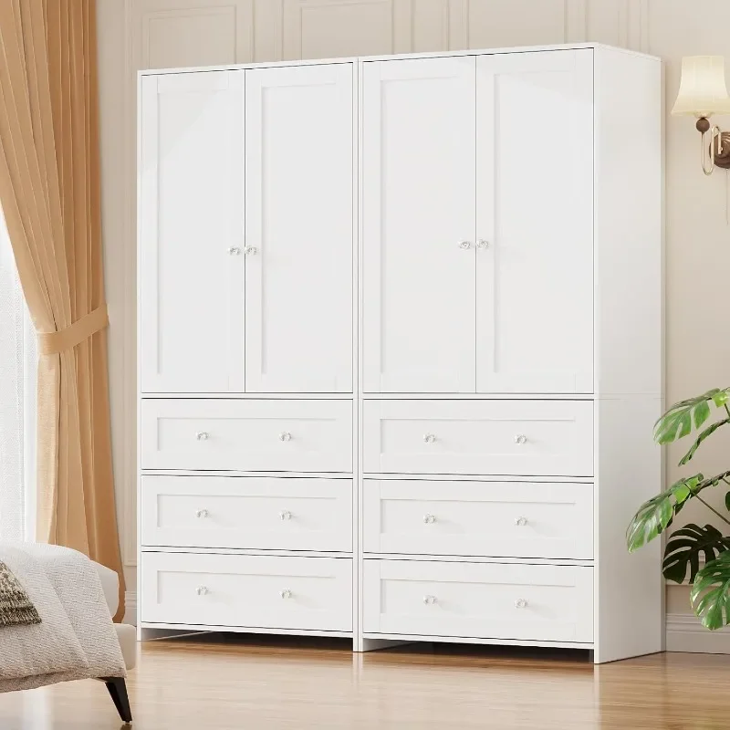 VOWNER Armoire Wardrobe Closet with Drawers and Mirror Clothing Storage Cabinet with Hanging Rod Wooden Wardrobe Cabinet
