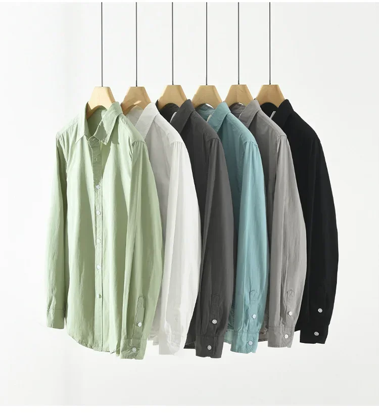 

Простые мужские зеленые рубашки с длинным рукавом, весна-лето, повседневные повседневные топы с лацканами, рубашка на пуговицах из 100% хлопка, классическая универсальная рубашка