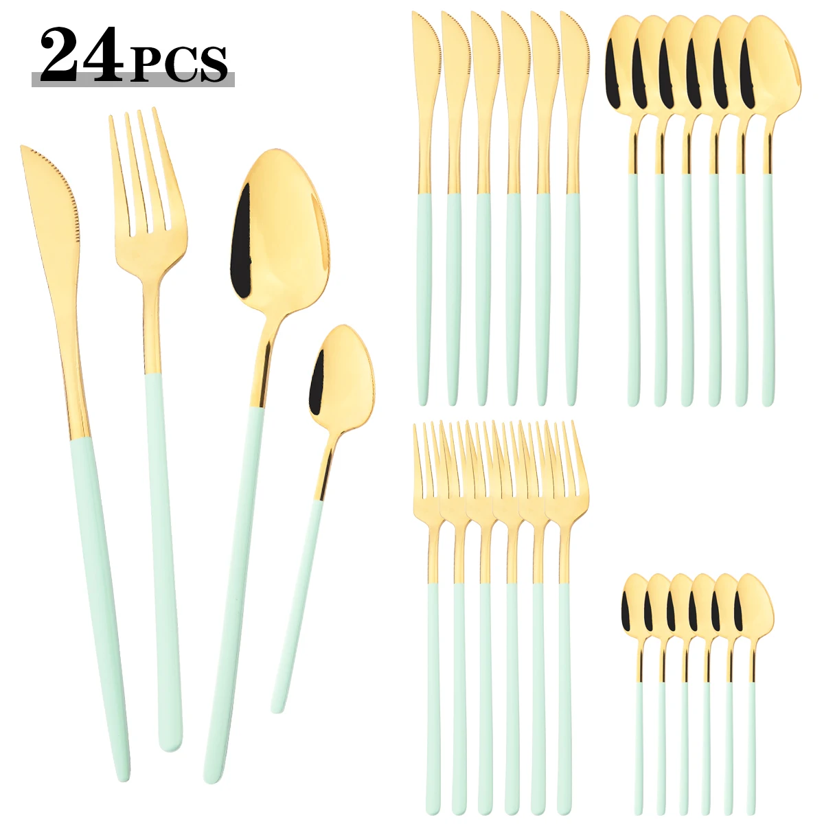 

24pcs Mint Gold Dinnerware Set Knife Fork Coffee Spoon Cutlery Set Stainless Steel Teaspoon Flatware Western Kitchen Tableware