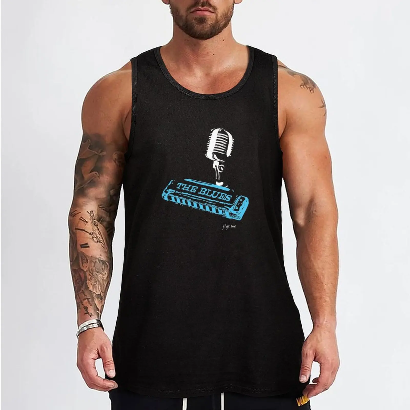 The Blues Harmonica & Microphone Design Tank Top T-shirt sports mens clothing T-shirt male Top summer