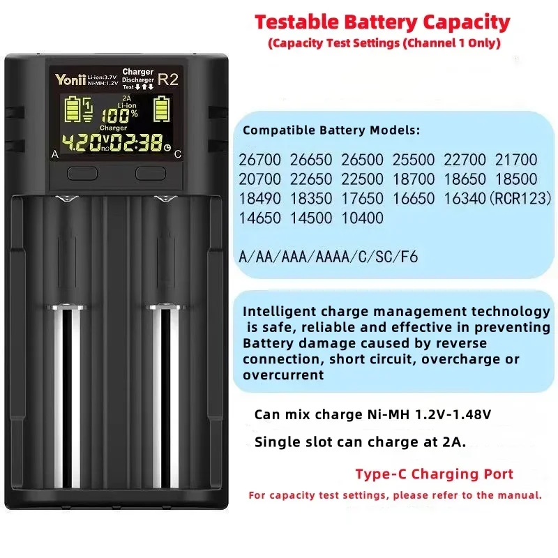 LCD Battery Smart Charger 1 / 2 Slots Dual For 18650 3.7V Rechargeable Lithium Battery For 1.2V NI-MH AA / AAA Battery Type c ch