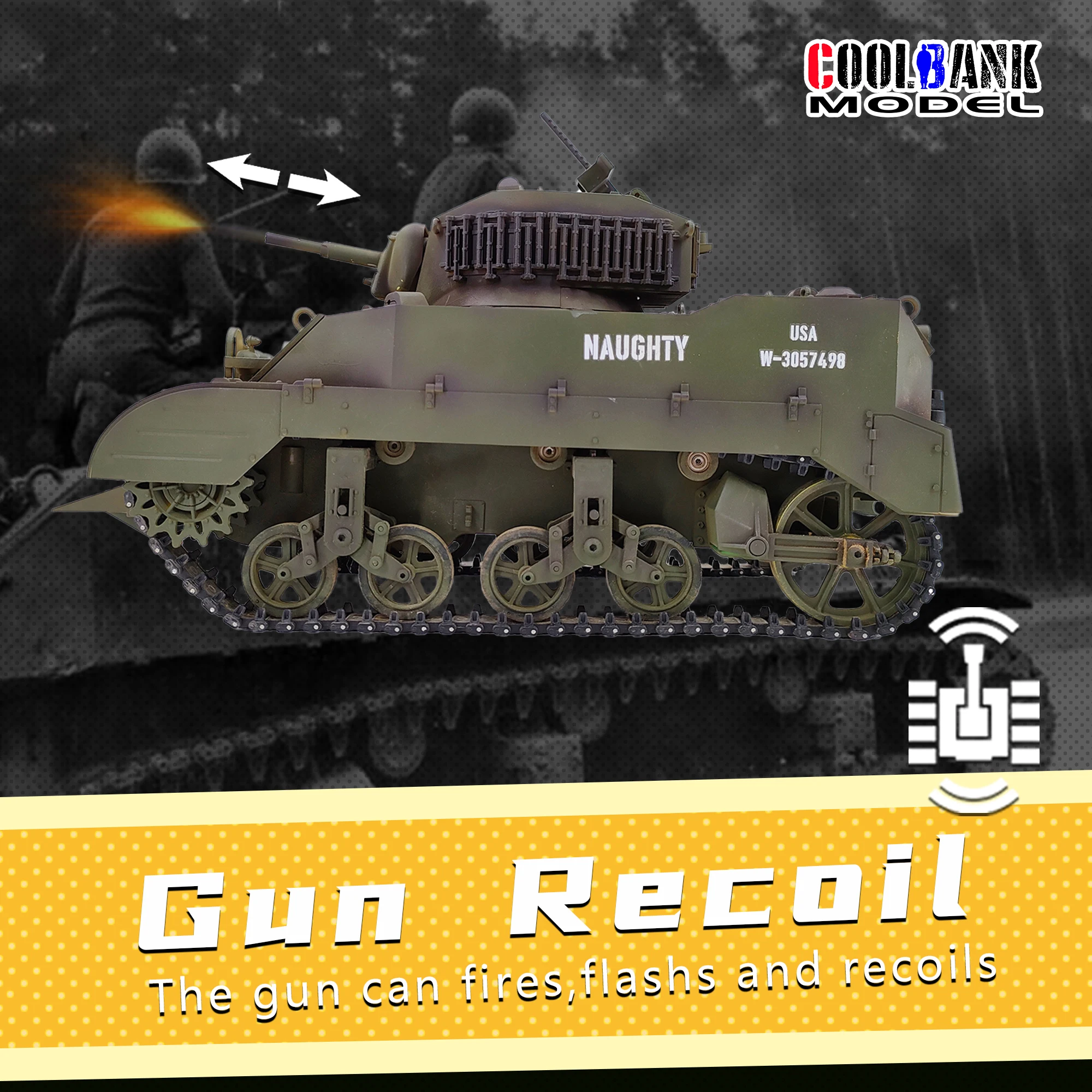 クールバンク 1/16 2.4Gリモートコントロール軽戦車、米国M5A1スターチュート戦車シミュレーションミリタリービークルモデル（サウンド、ライト、スモーク付き）大人向け