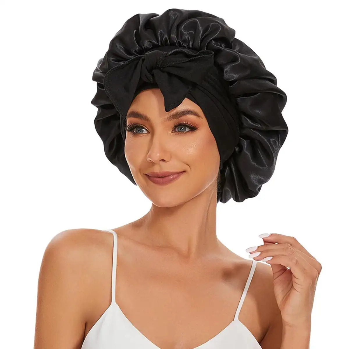 Satin Silk Bonnet Hair Bonnet for Sleeping Jumbo Sleep Cap, Black Bonnet for Women Curly Hair