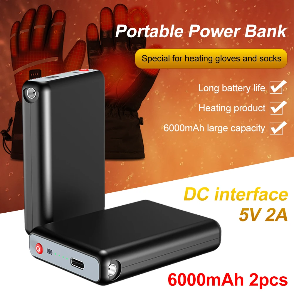 

2Pcs 6000mAh Power Bank 5V/2A DC Output Mini Charger Portable External Battery Pack For Mobile Phone Heating Gloves Socks Shoes