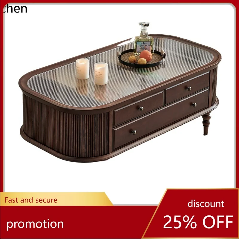 

HT retro coffee table solid wood oval tempered glass home living room new