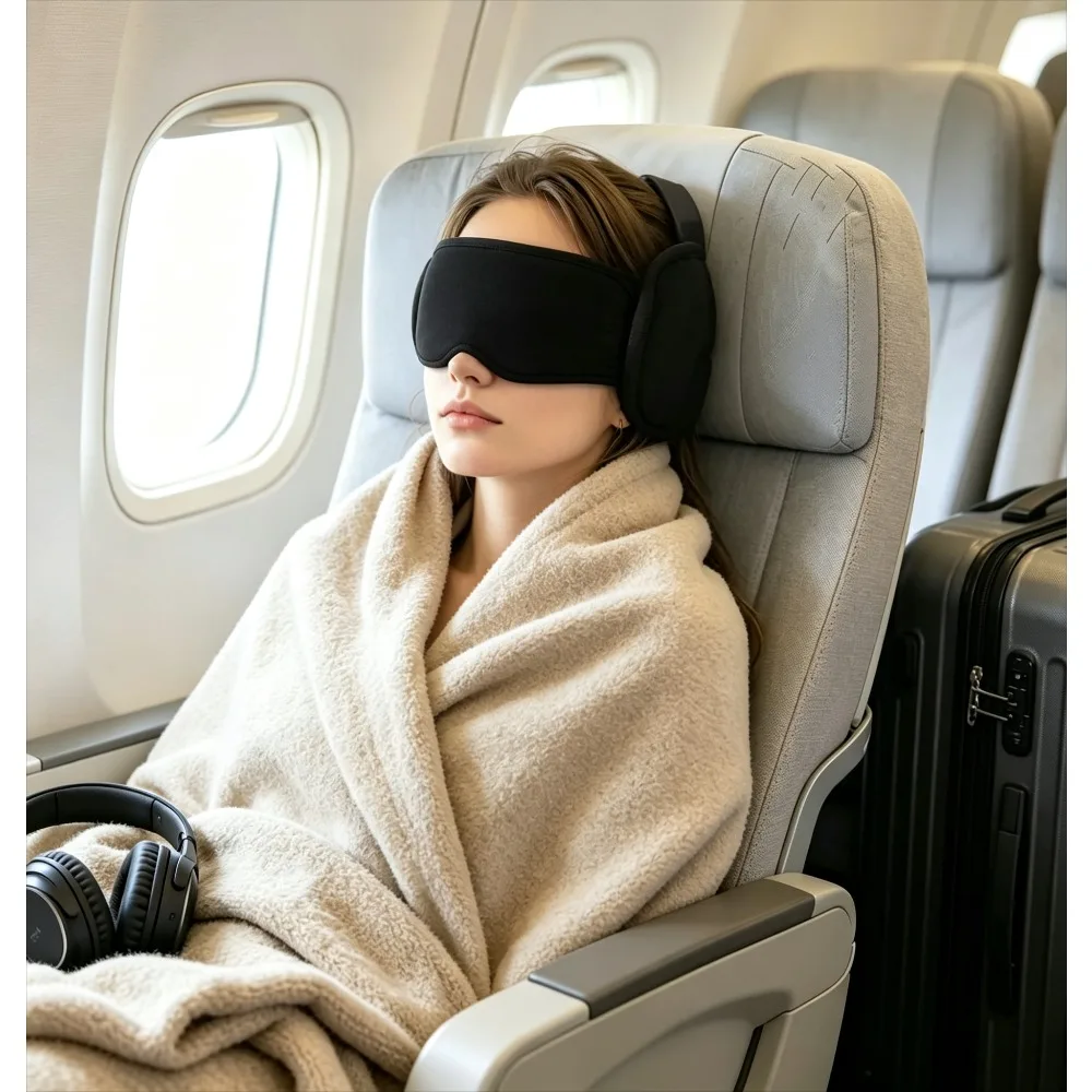 Travel Neck Pillow with Eye Mask Breathable Sleep Support Pillow Integrated Light Blocking Eye Cover for Airplane Car Office