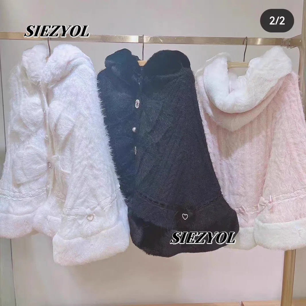 Japanese Style Easiest for Match Sweet Cute Furry Hooded Knitting Cloak Fashion Winter New Single-breasted Bows Cardigan Coat