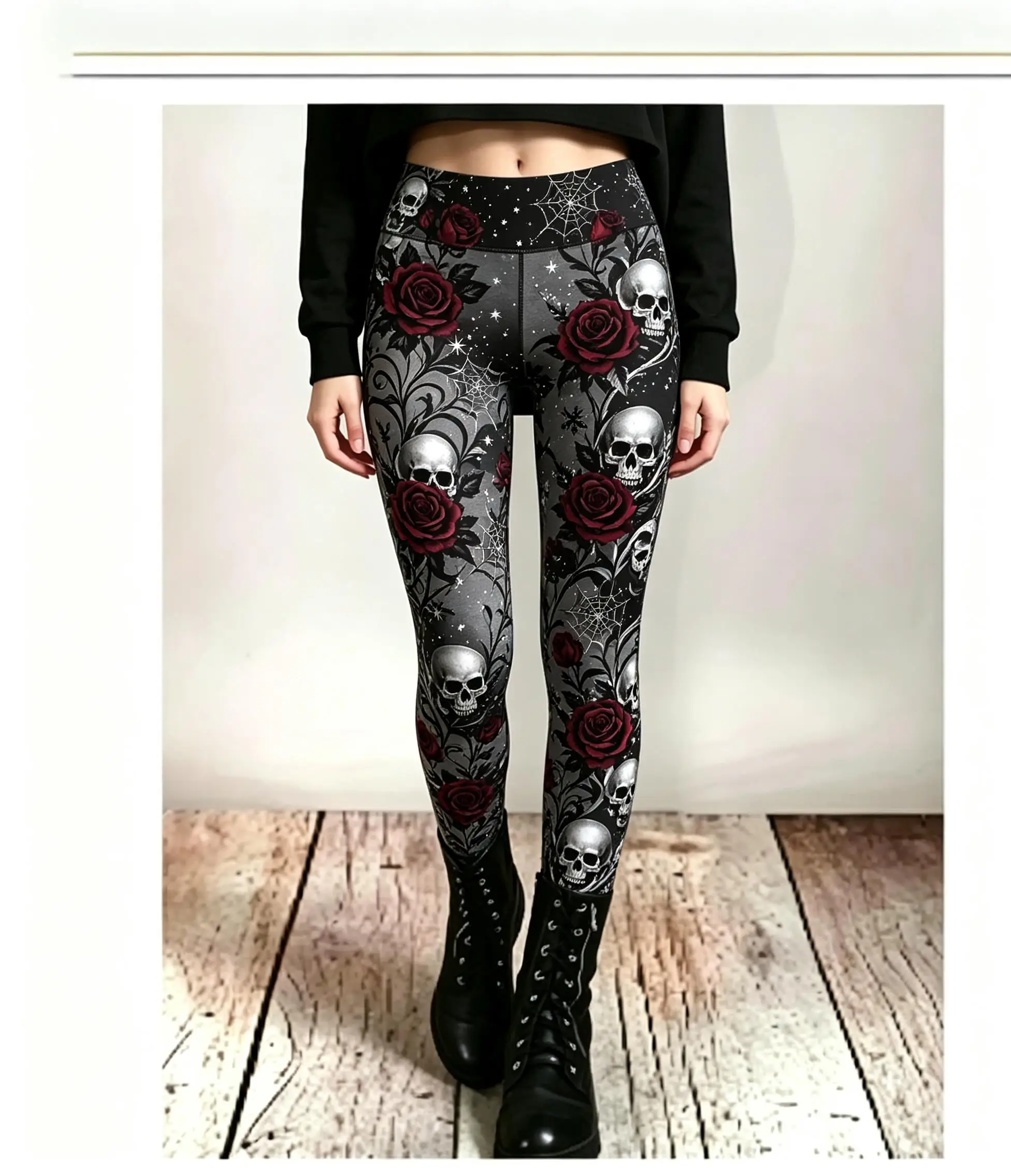 Women Mid Waist Fleece Lined Leggings Gothic Skull Red Rose Print Slim Stretch Pants Halloween Party Cosplay Trousers