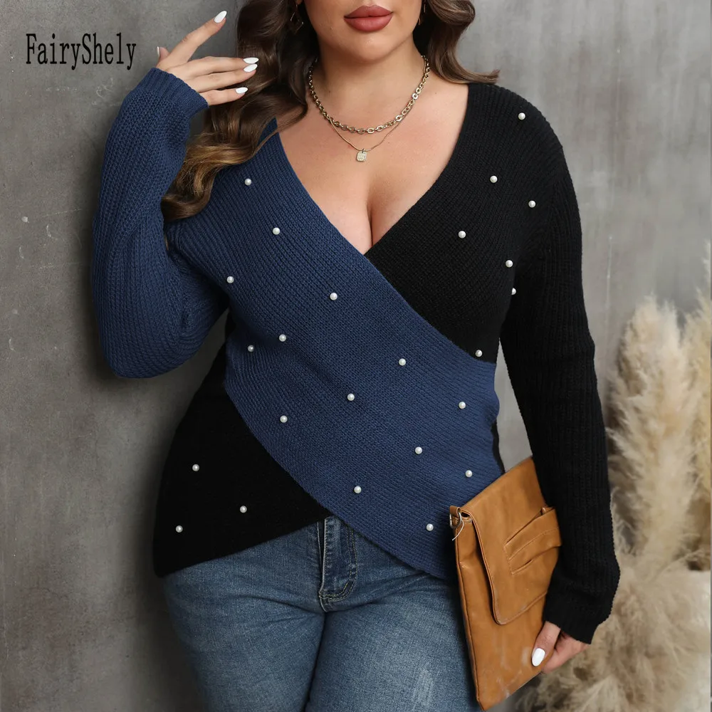 2024 Patchwork Plus Size Sweater Women Beads Cross Large Pullover Ladies Winter Loose Oversize Jumper Big Jerseys Curvy Knitwear