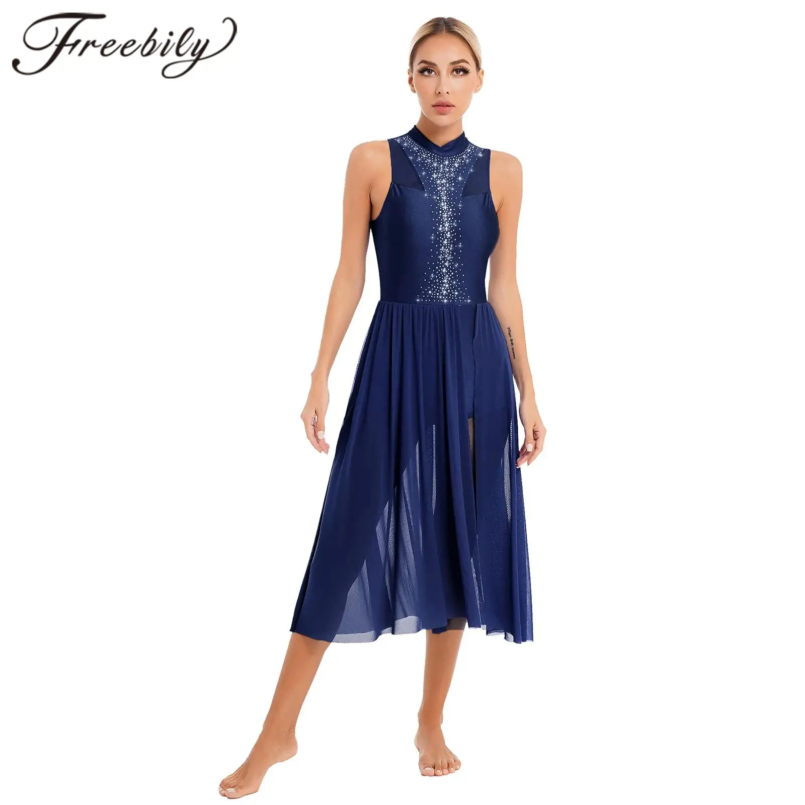 Women's Lyrical Dance Costumes Figure Ice Skating Dress Ballet Tutu Dress Femme Ballroom Dancing Leotard Split Mesh Long Dress