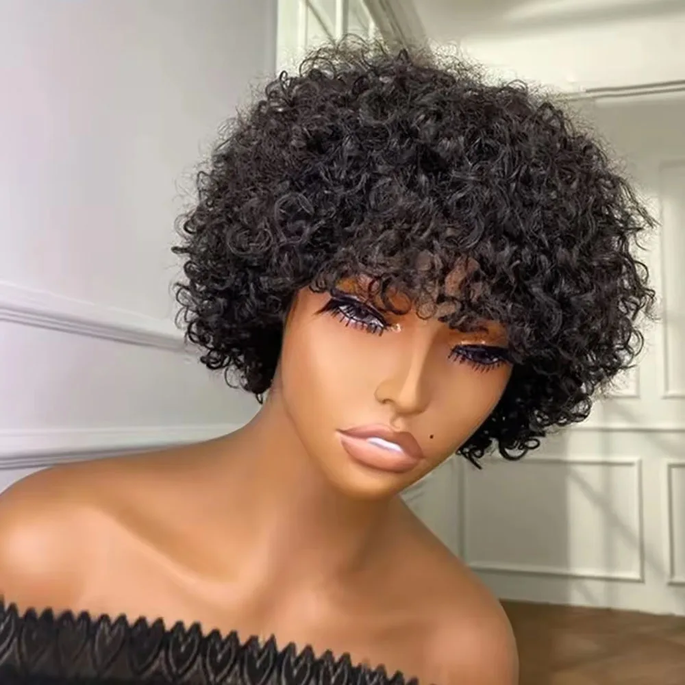 

Pixie Cut Human Hair machine made Wigs For Black Women Afro Rose Curly Wigs with Bangs Short Bouncy Curly Bob Wig With Bangs