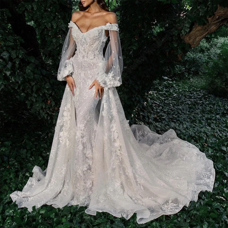 Sexy Off The Shoulder Tulle donna abiti da sposa pizzo stampa floreale sirena abito da sposa lunghezza straccio principessa Vestido De Novia