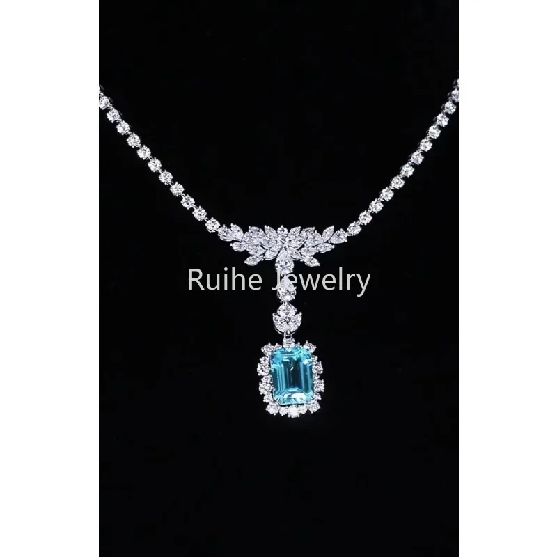 Ruihe 925 Silver Necklace for Women 15.56ct Emerald Cut Lab Grown Paraiba Gems Simulated Diamond Zirconia Jewelry Gift Wedding