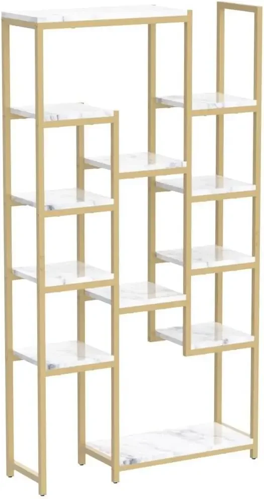 6 Tier Gold Bookshelf, 71” Tall Modern Free Standing Bookshelf with 12 Shelf Bookcase, Faux Marble Open Display Storage Book