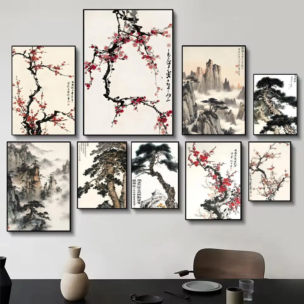 Traditional Serene Chinese Ink Style Pine Tree Alpine Flow Water Poster Painting Wall Art for Living Room Home Gifts Decor Mural