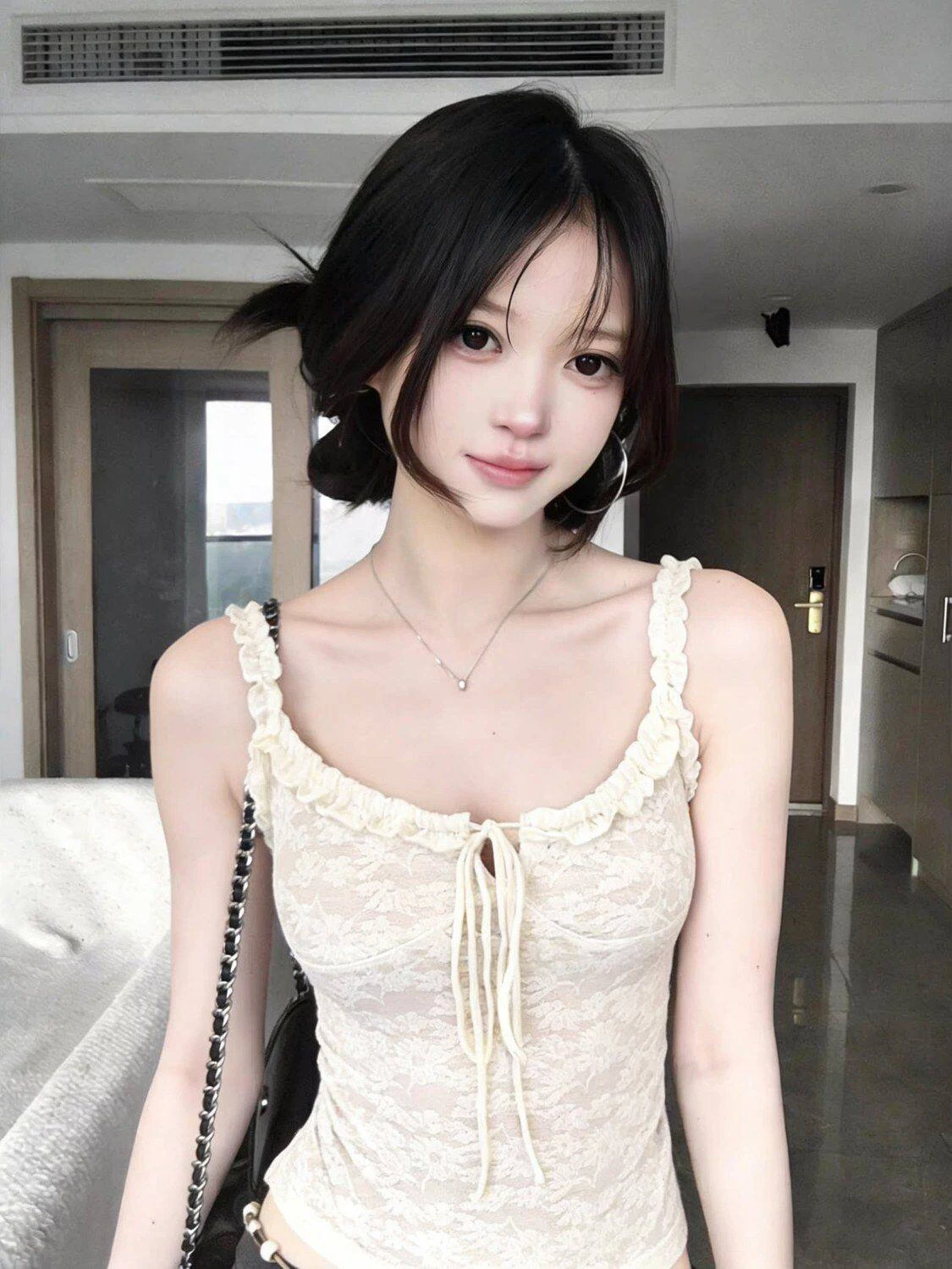 Korean Style Lace Trim Spicy Girl Strap Vest Women Summer Slim Fit Sleeveless Belted Trendy Atmosphere Top U-Neck Short Length