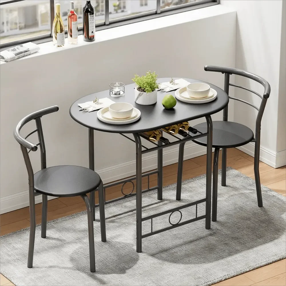 

Furmax 3 Piece Wood Round Table Chair Set For Dining Room Kitchen Bar Breakfast, With Wine Storage Rack, Space Saving