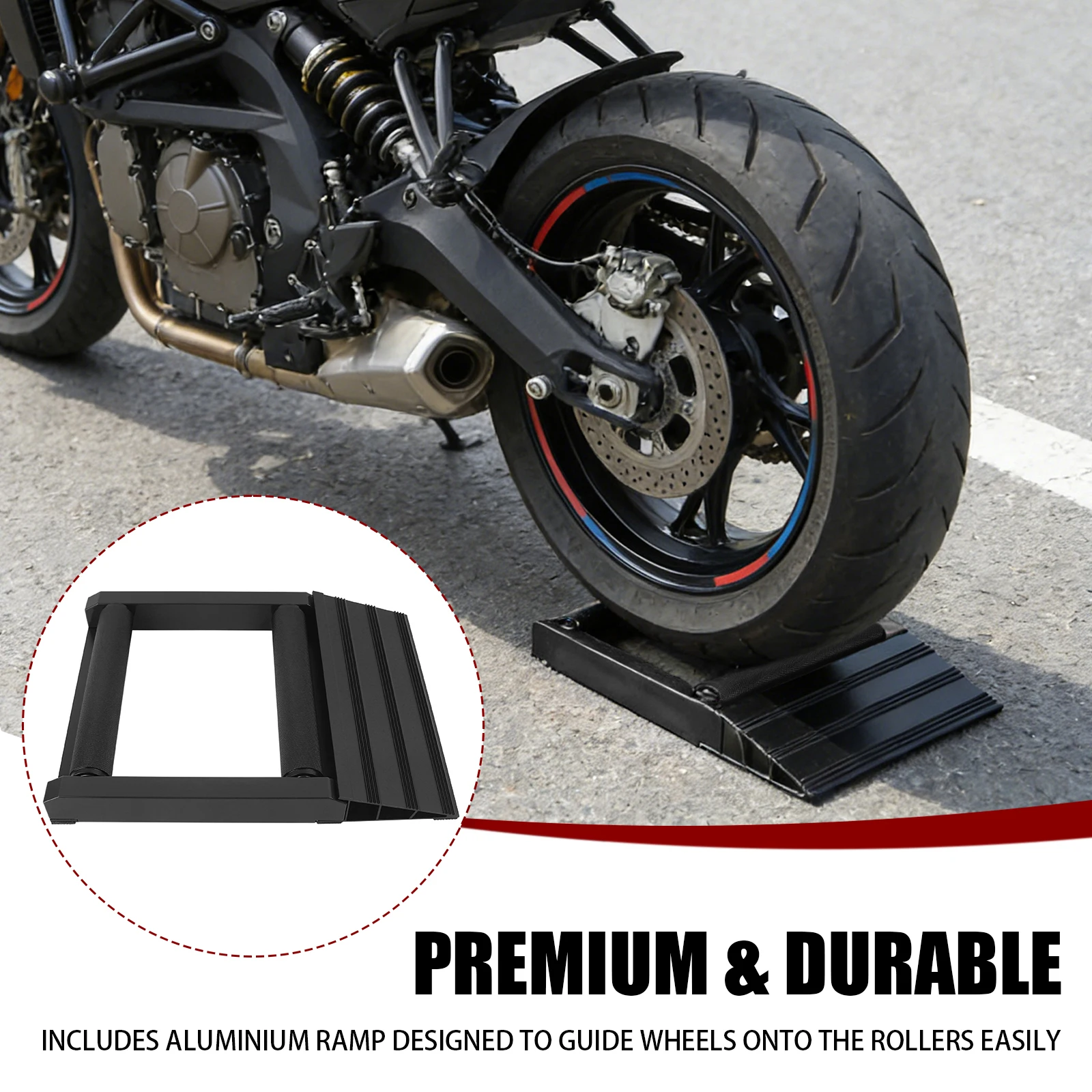 Portable Aluminum Motorcycle Black Wheel Roller Stand Spinner for Tire Wash Rim Clean Chain Lubricate Motorbike Repair Accessory