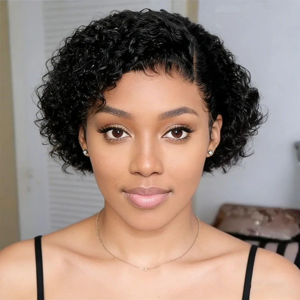 

Пикси естественный вид черный цвет для женщин парик для повседневного использования для вечеринок 13x1 Т часть кружева короткий парик пикси срез вьющимися многослойными человеческими волосами парик