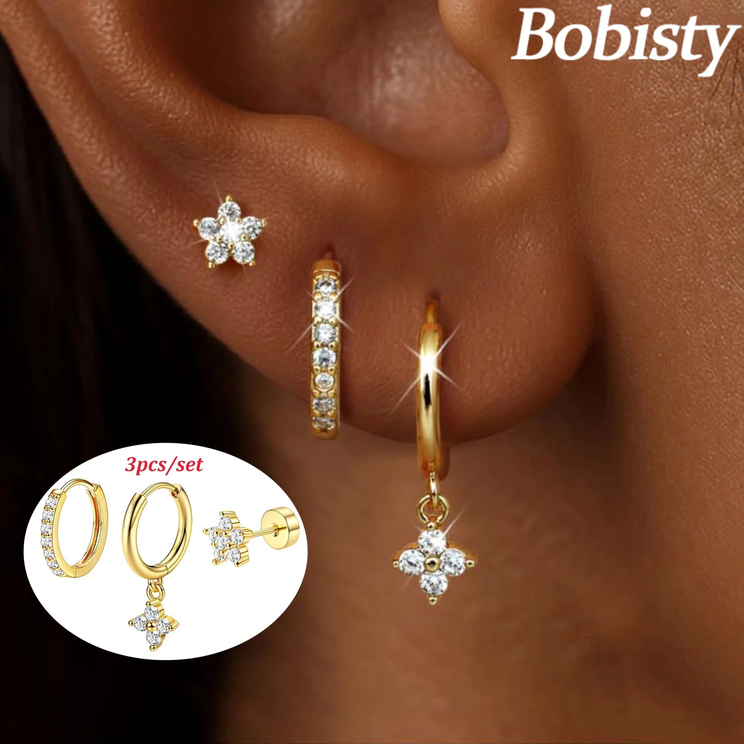 Bobisty 3-teilige Edelstahl-Ohrringe für Damen, Ohrstecker-Set, hypoallergener Knorpelohrring für mehrere Piercings
