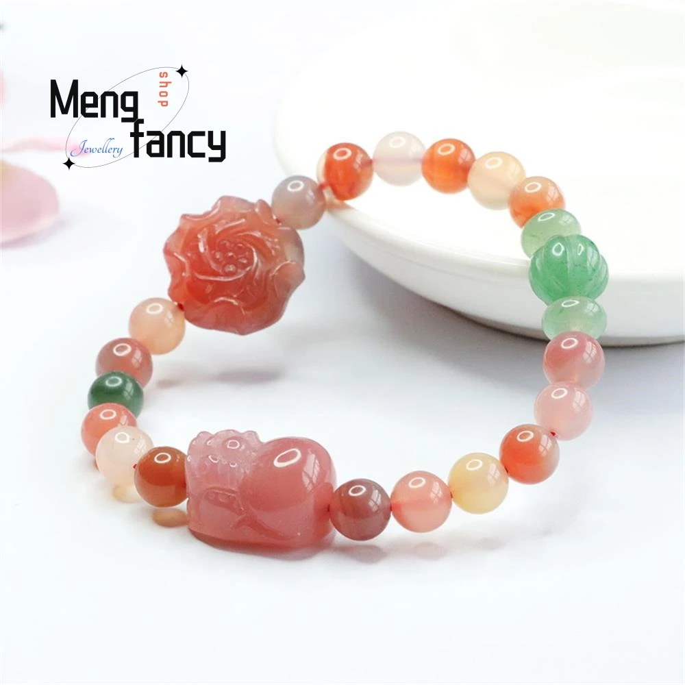 Natural Salt Source Agate Strings Pixiu Peony Flower Bracelet Simple Elegant High-grade Luxury Fashion Fine Jewelry Holiday Gift