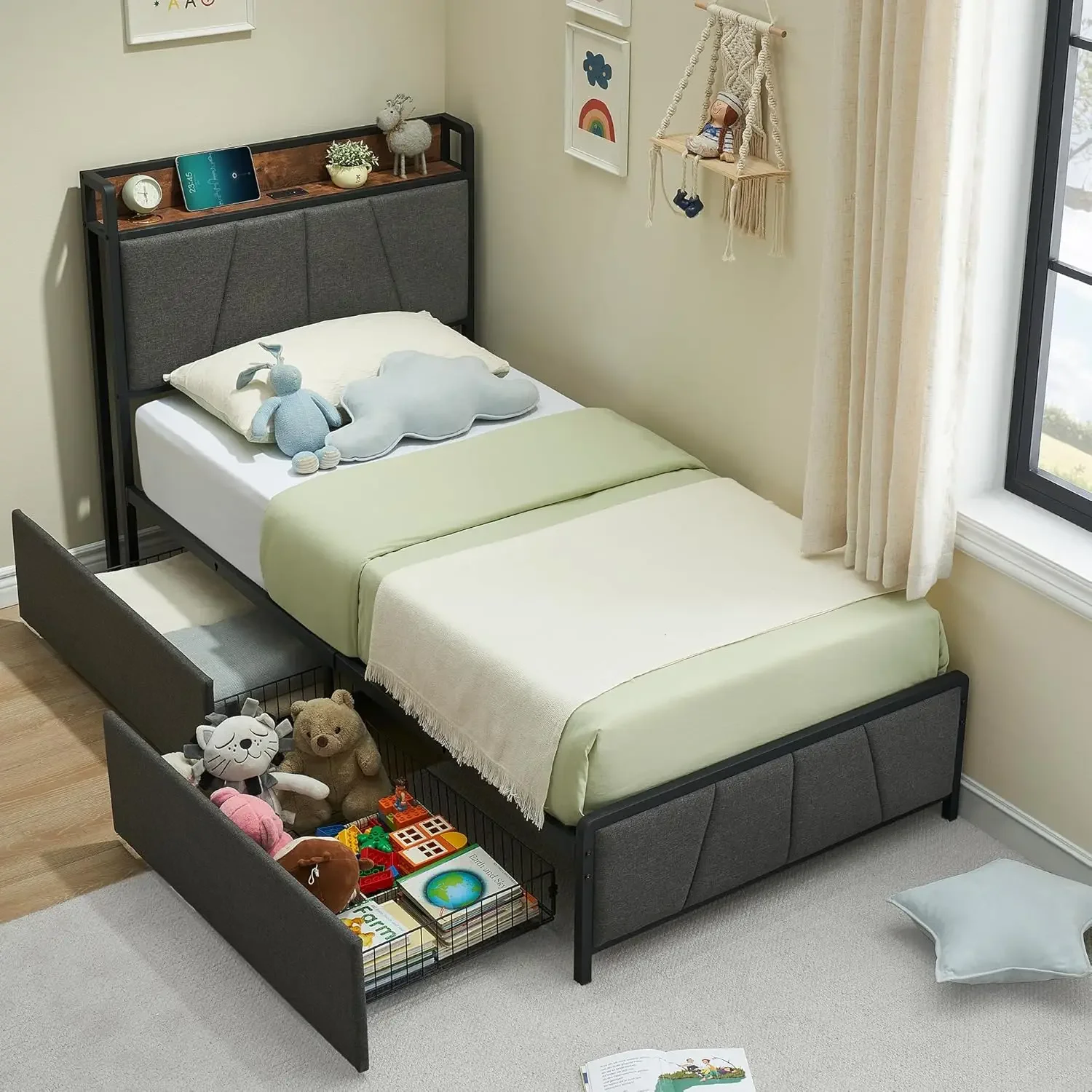 Twin Size Bed Frame with 2 Storage Drawers and Charging Station, Rustic Linen Upholstered Platform with Storage