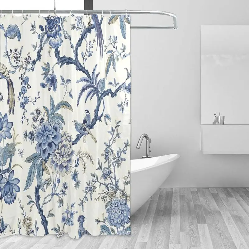 Chinoiserie Shower Curtain Blue and White Outdoor Bule Birds Flowers Washable Waterproof Fabric Bath Curtains with Hooks Decor