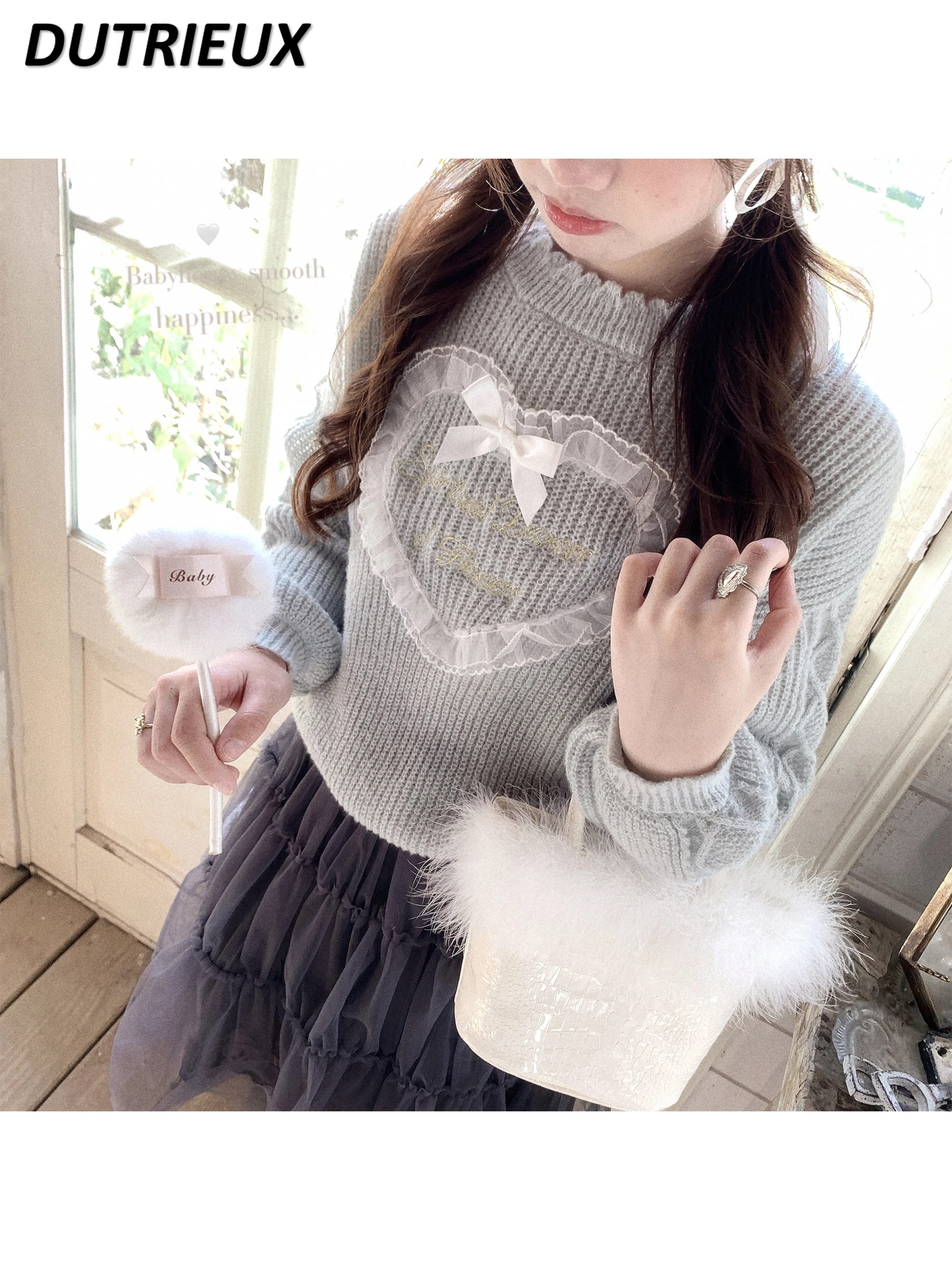 Sweet Girls Autumn Winter Round Neck Long-sleeved Versatile Sweater Mesh Lace Love Bow Cute Women's Outerwear Knitted Jumper