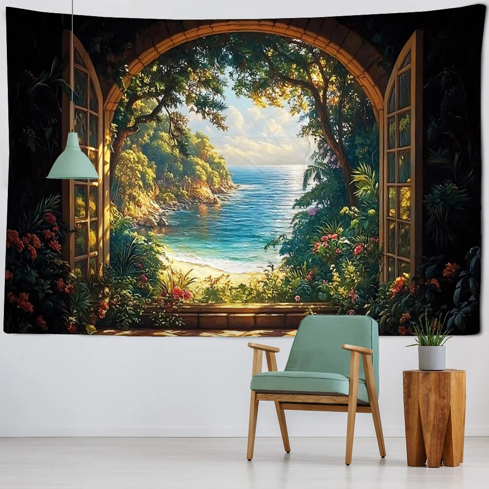 Vintage bookshelf tapestry dreamy window library wall hanging, aesthetic art decoration, home living room bedroom background