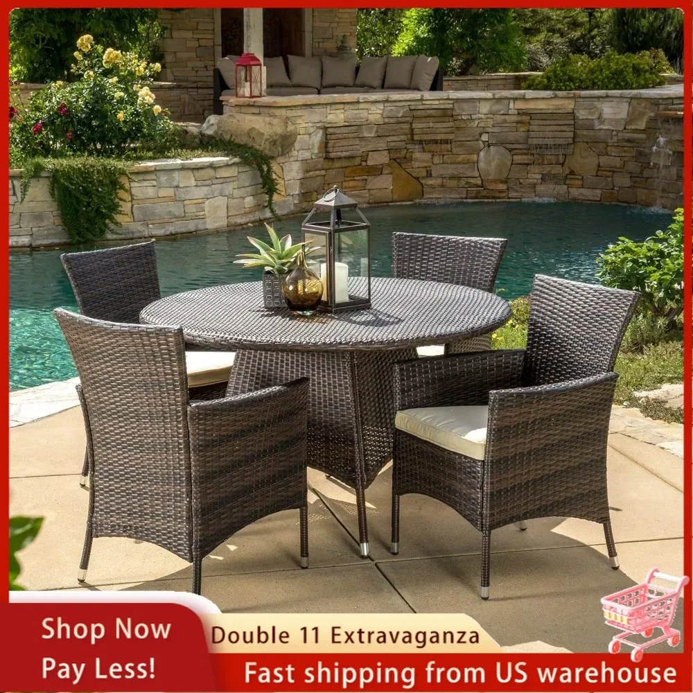 Outdoor Furniture with all-weather brown wicker set，5pc includes 4 armchairs and 1 round table, Multibrown outdoor table