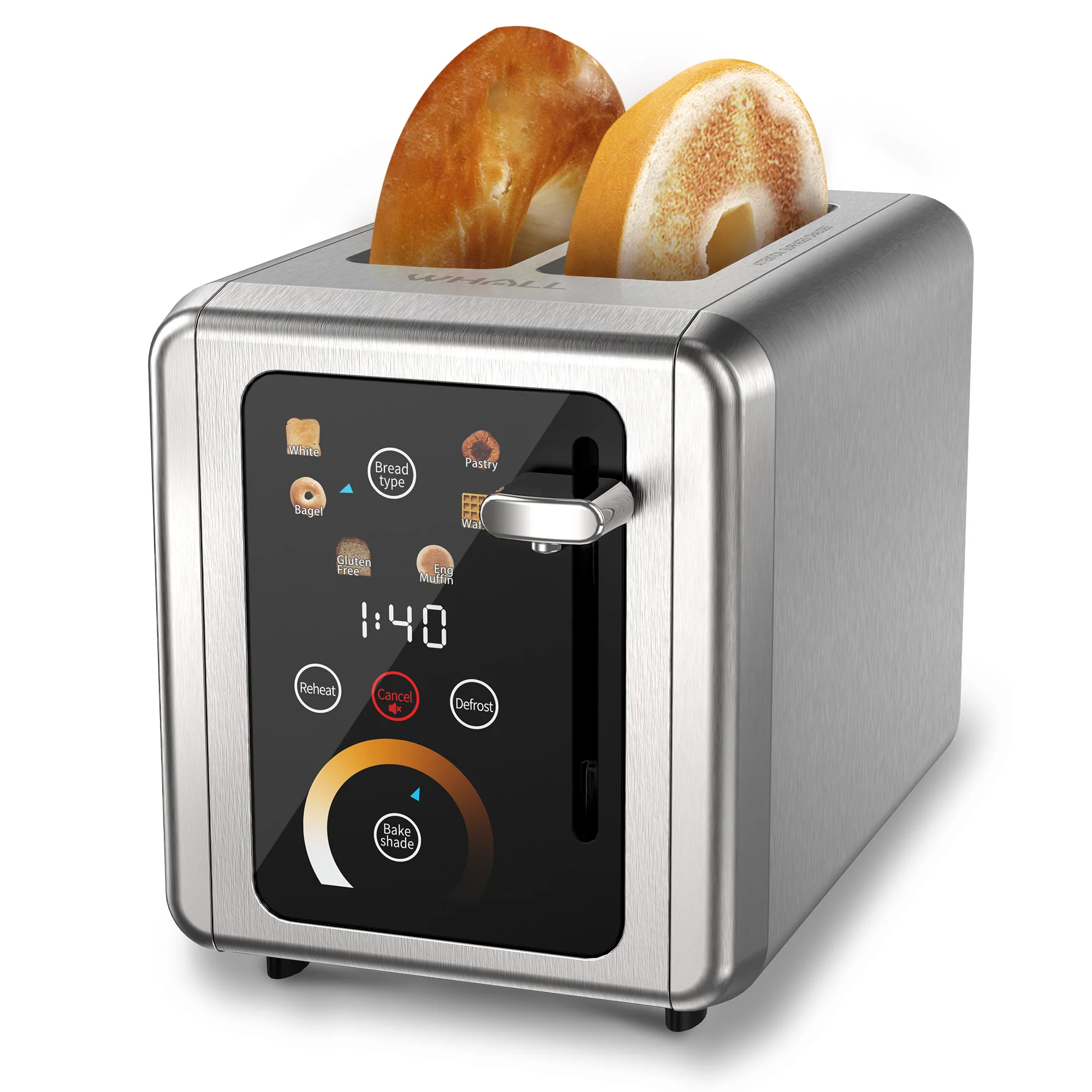 

WHALL 2 Slice Toaster, Touchscreen Toasters with Stainless Steel, Wide Slots, Bagel, Defrost, 850W