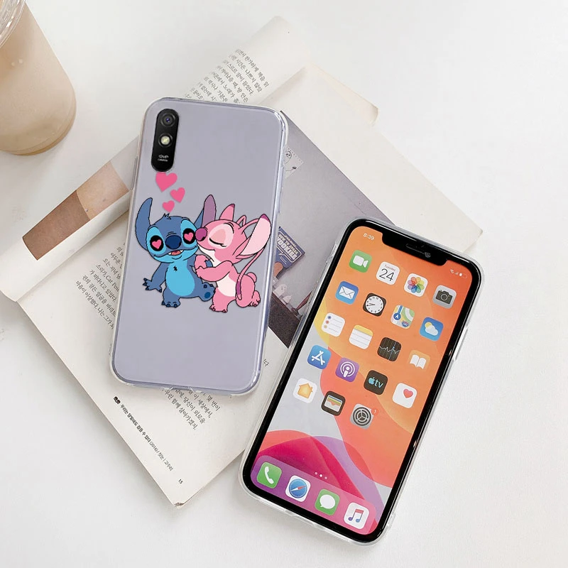 For Redmi 9A 9AT Back Cover Luxury Transparent Phone Case Lilo & Stitch Lover Cartoon Fundas For Redmi9A 9 AT Shell Shockproof