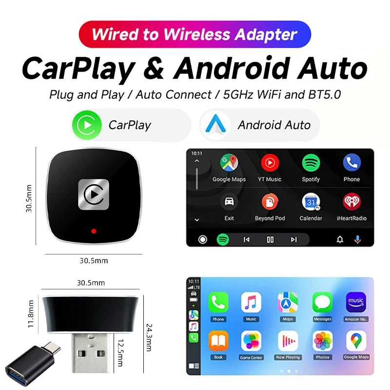 2-In-1 Wired To Wireless Carplay Android Modification Adapter Car Smart Converter Box for Honda Toyota Nissan Bmw Plug and Play