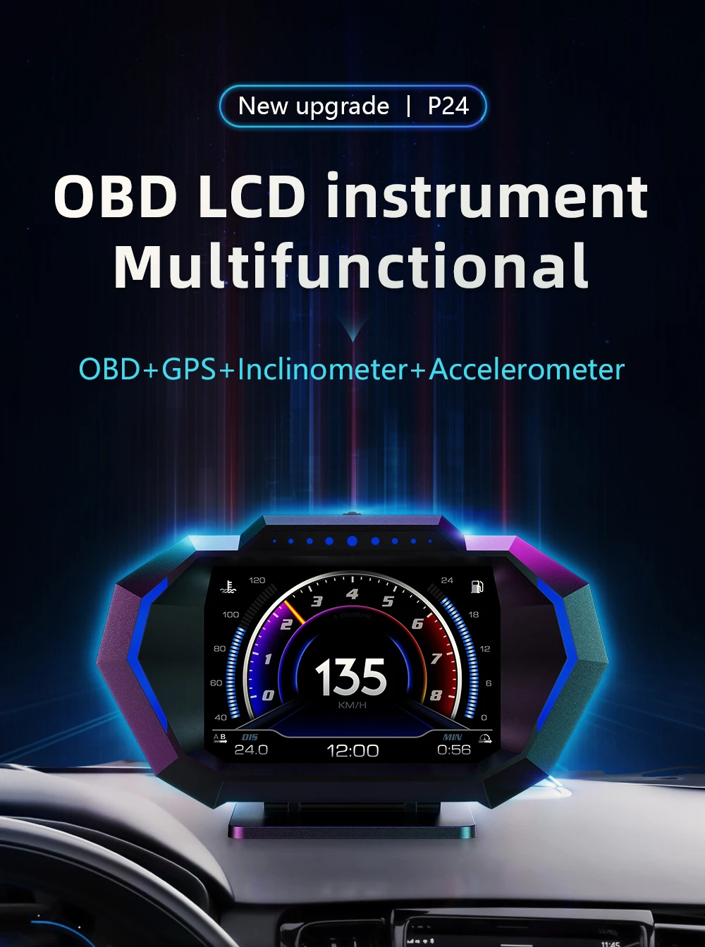 OBDII Smart Digital Tachometer Meter HUD P24 Auto Head Up Display OBD + GPS System Neigungsmesser Kraftstoff Verbrauch Übergeschwindigkeit alarm – Detail 5