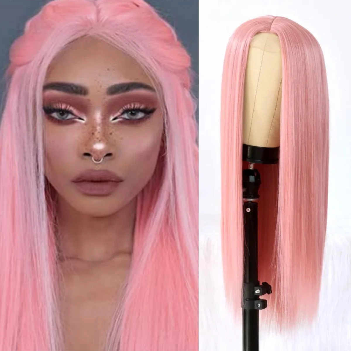 

Light Pink Long Straight Wigs With Natural Hairline Synthetic Lace Wig Glueless Heat Resistant Wigs for Fashion Women 24Inch