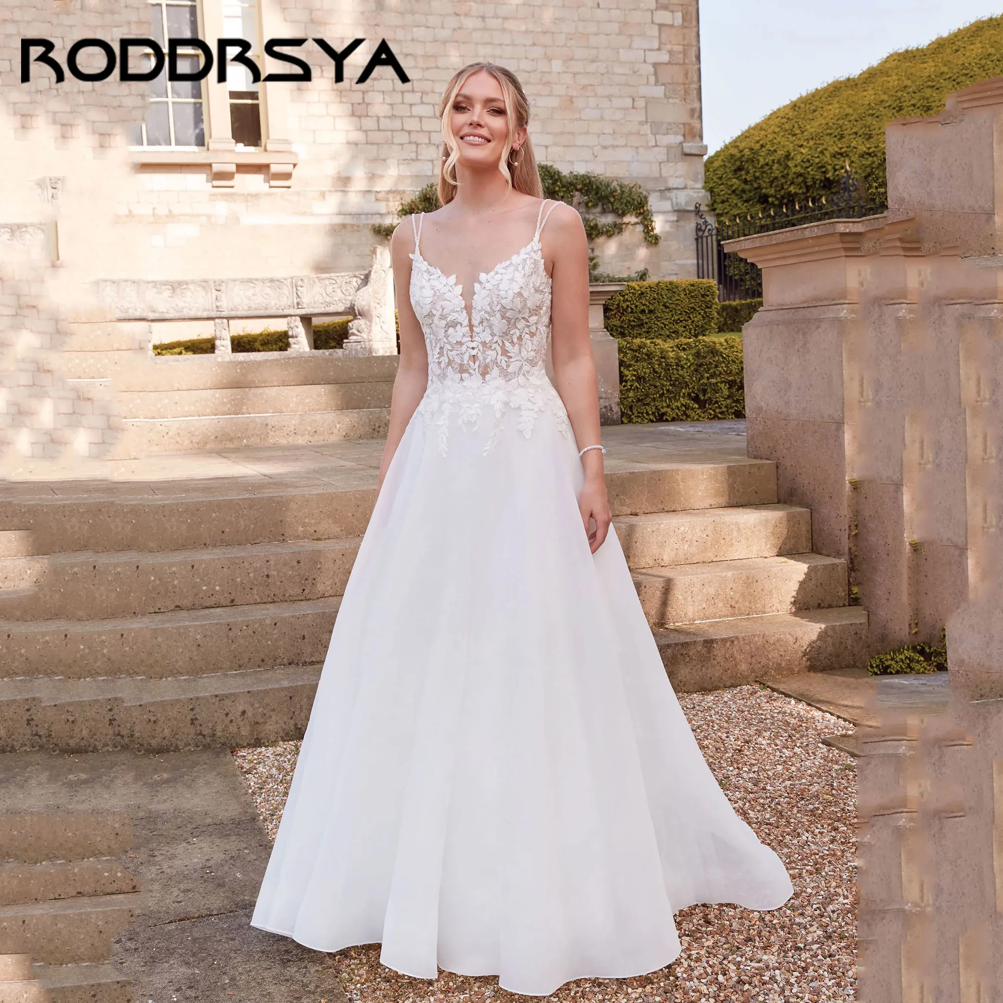 

RODDRSYA Elegant A-Line Bride Gown V-Neck Spaghetti Strap Appliques Beaded Wedding Dress Open V-Back vestido de novia Customized