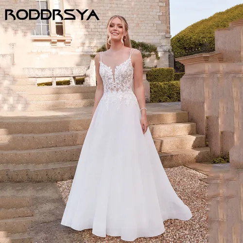 Imagen 1 del producto RODDRSYA elegante vestido de novia línea a con cuello en V tirantes finos apliques con cuentas vestido de novia abierto con espalda en V vestido de novia personalizado