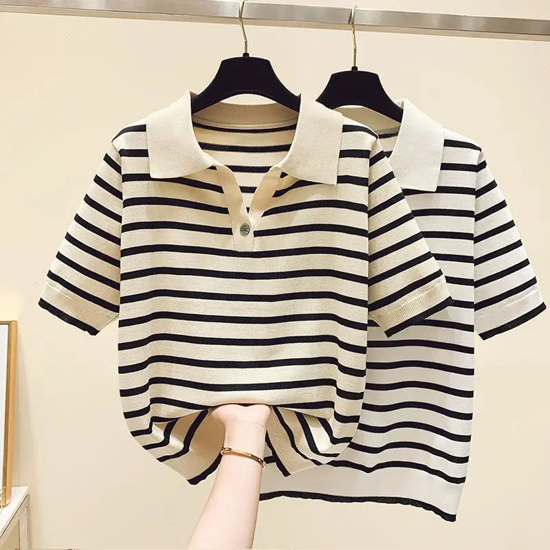 

2026 Trend Striped Polo T-Shirt Women‘s Plus Size Short Sleeve Top Black & White Classic for Office