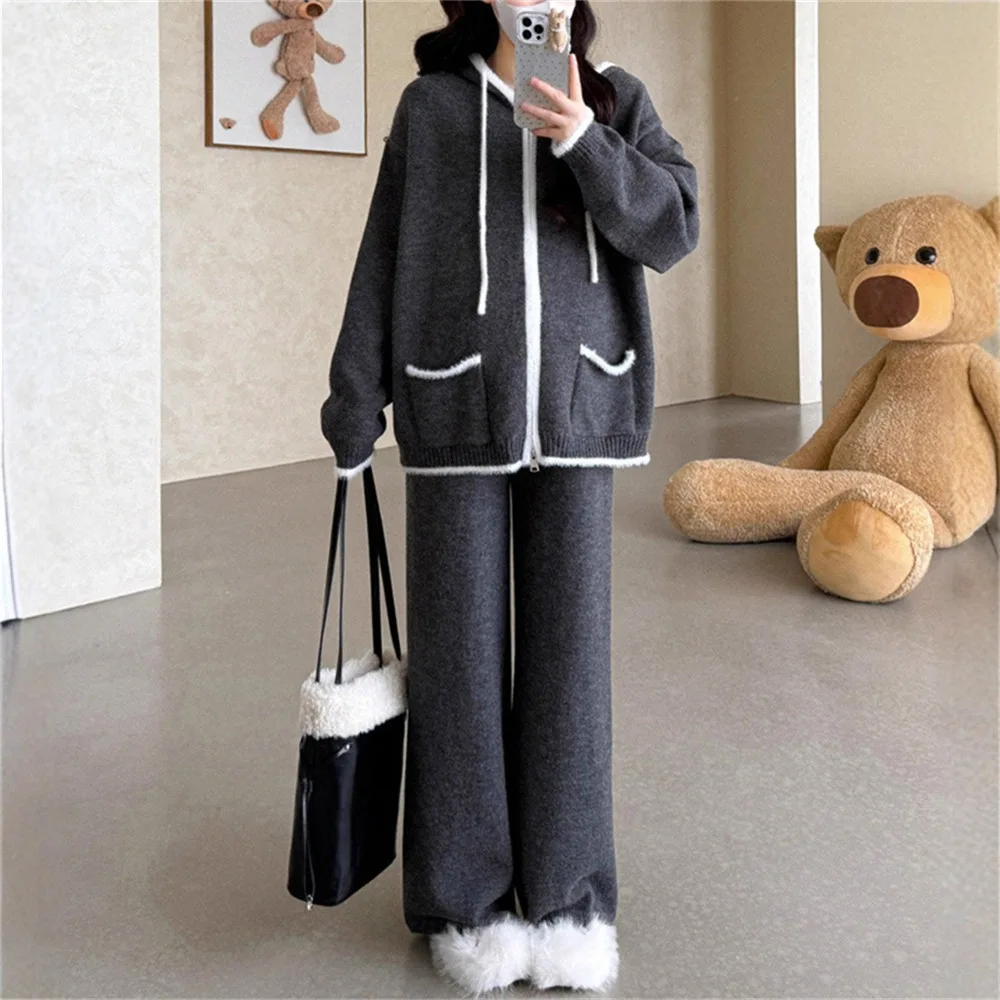 

Pant Set Women Two Piece Sets Hooded Zipper Full Sleeve Coats Wide Leg Long Pants Elastic Waist Y2k Streetwear Casual Loose