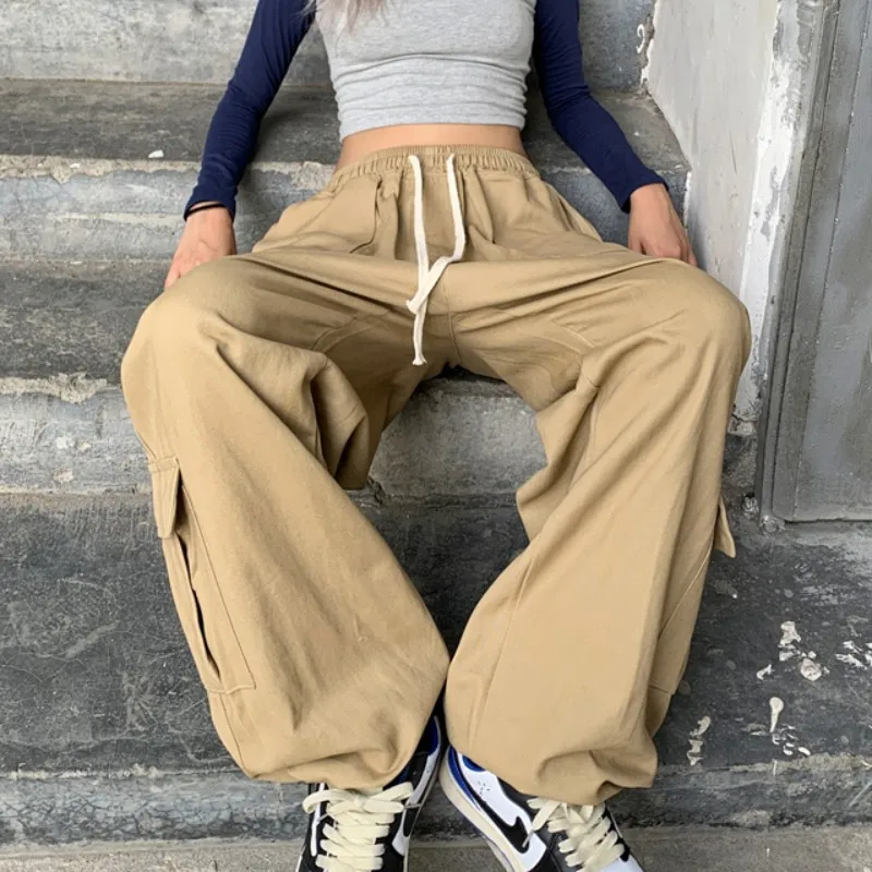 

Women Bottoms Khaki Vintage Cargo Pants Thin High Waist Wide Straight Pocket Pants Casual Baggy Mopping Trouser Female Summer