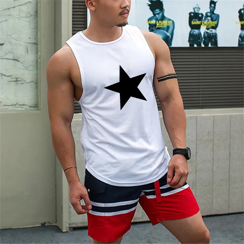 Sports Star Fitness Men Sleeveless Vest Muscle Training Crew Neck Summer Jogger Tank Tops Casual Print Fashion Workout T-shirts