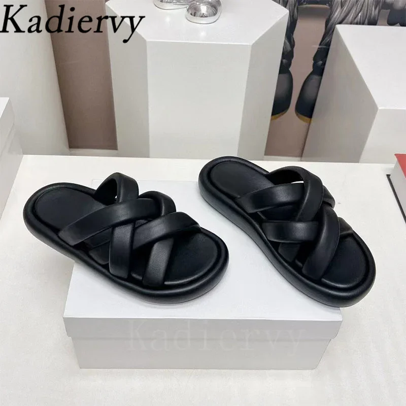 Summer Flat Slippers Women Holiday Beach Shoes Woman Genuine Leather Hollow Outs Flip Flop Comfort Thick Sole Slides Woman