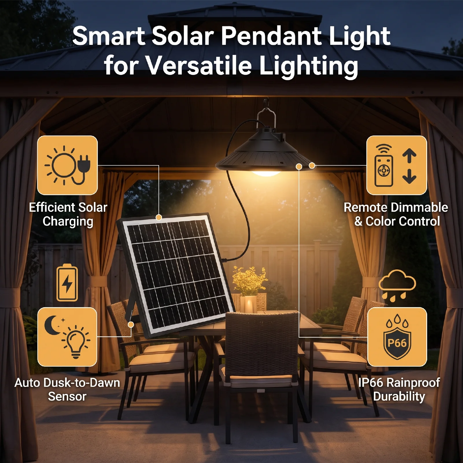 Outdoor Solar Light Pendant Light with Remote Control Dimmable Hanging Lamp Adjustable Color Temperature Auto On/Off IP66
