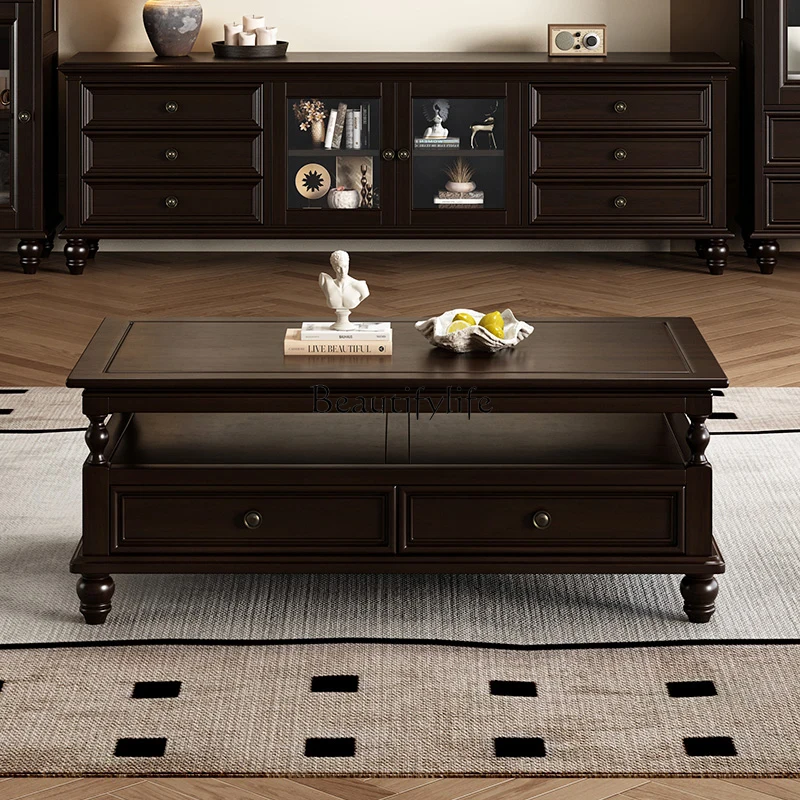 

04American all solid wood coffee table TV cabinet combination living room pure solid wood retro black