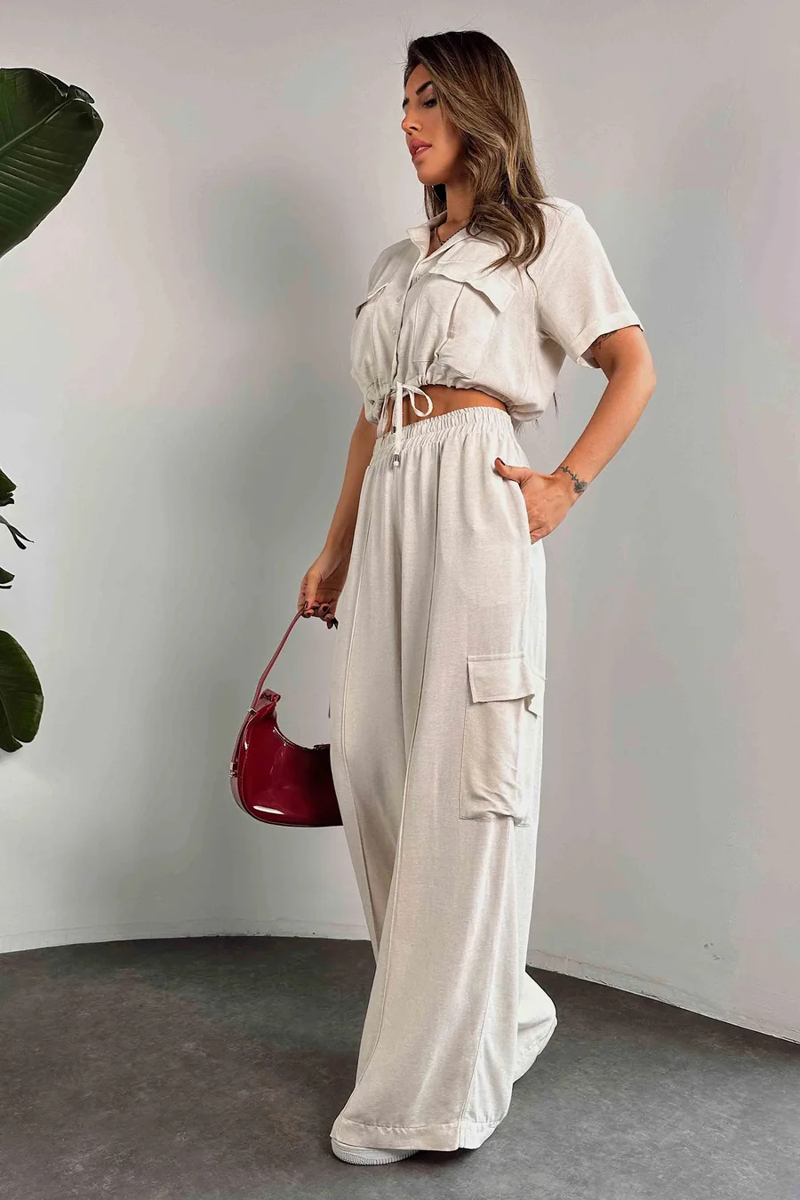 

Fashion Casual Cargo Summer Outfits 2025 New Pocket Short Sleeve T-shirt And Long Trouser 2 Piece Set Blouse Trouser Women Suit