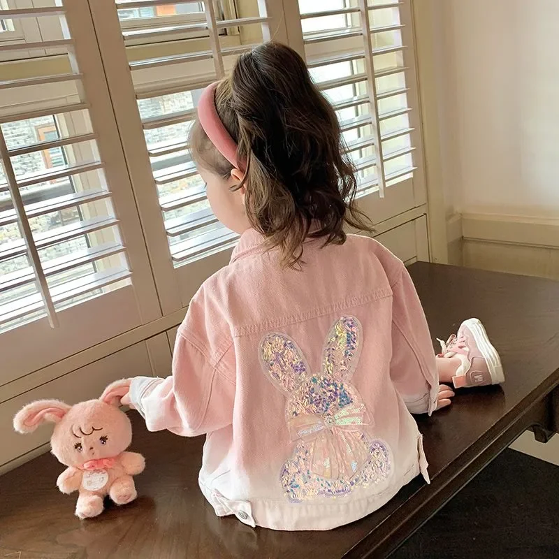 

Girls Clothes Denim Jacket 2024Fashion Pink Gradient Rabbit Sequins Jean Coat For Girl Spring Autumn Children Outerwear Clothing